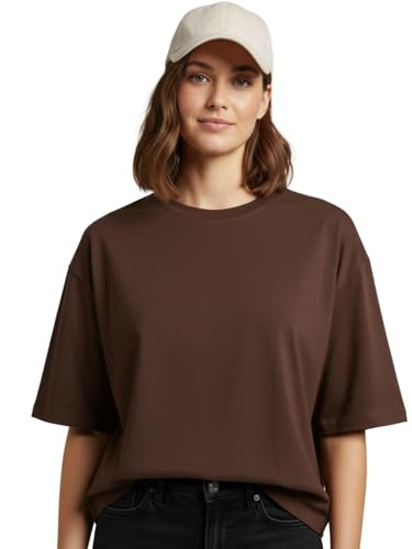 Image of LEOTUDE Women's cotton Oversized Fit Oversized Half Sleeve Tshirt, Round Neck Longline Drop Shoulder Solid T-Shirt