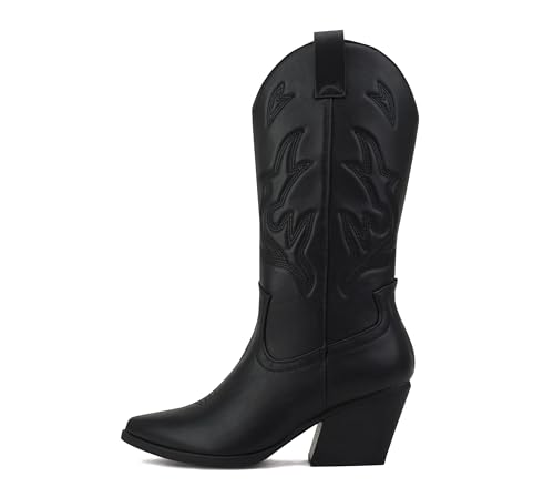Soda Orville ~ Women Western Cowboy Stitched Pointe Toe Heel Ankle Mid Shaft Fashion Boots (BLACK PU, us_footwear_size_system, adult, women, numeric, medium, numeric_8_point_5)
