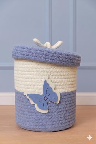 Image of Jute Basket For Storage Cotton Rope Toys Basket With Lid Handwoven Natural Foldable Laundry Hamper for Home, Office, Living Room Size 10x10 inch (unique blue butterfly)