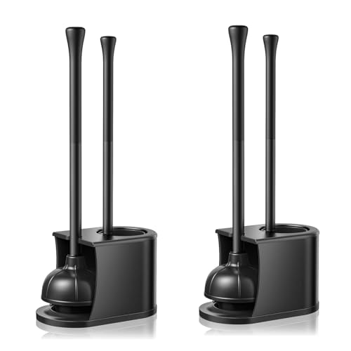 Image of HAMITOR Toilet Plunger and Brush Set, Stainless Steel Rustproof, 2 Pack | 2-In-1 Rustproof Combo With Curved Bristles, Deep Cleaning Unclogging in Apartment Bathrooms, Compact Hideaway Saves Space