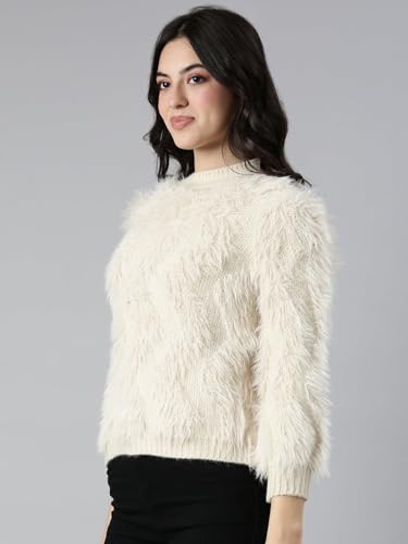 Image of SHOWOFFFF Women Solid Pullover Sweater | Round Neck 3 /4th Sleeves Knitted Sweaters for Womens | Regular Fit Regular Length Sweater for Women's
