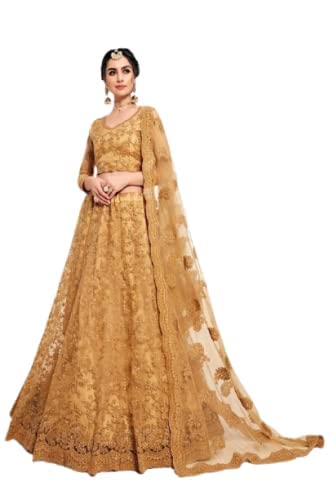Women's Net Embroidered Semi-Stitched Lehenga Choli [ Gold coloar]