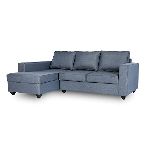Image of Wakefit Sofa Set for Living Room | 3 Year Warranty | L Shape Sofa, Sofa Set, Wooden Sofa Set for Living Room, 2 Seater Sofa + Left Aligned Chaise + Ottoman - Napper (Fabric, Omega Blue)