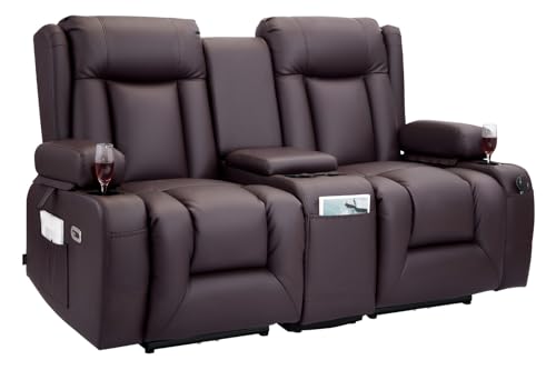 Image of VEVOR Loveseat Recliner Sofa with Massage & Heat, Power Reclining Couch with Console, PU Leather Electric RV Sofa with USB & Outlet /Storage /Cup Holders /Pockets, Home Theater Seating for Living Room