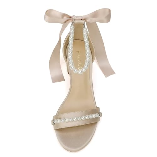 Image of Block Heel Wedding Sandals, Pearl Embellished Ankle Strap, Low Heel Bridal Shoes for Women, Size EU 36-41