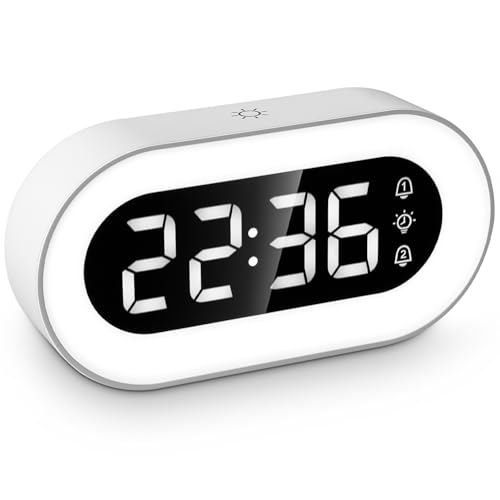 Digitaler Wecker, LED Digitaluhr, Nachttischuhr mit Schlummermustern, regelbarer Helligkeit und Lautstärke, 12/24 Std, 18 Klingeltöne, USB...