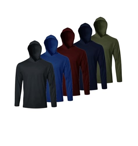 Facitisu Men Long Sleeve Tee Shirts with Hooded 5 Pack Athletic Pullover Dry Fit Sweatshirts Gym Hoodies