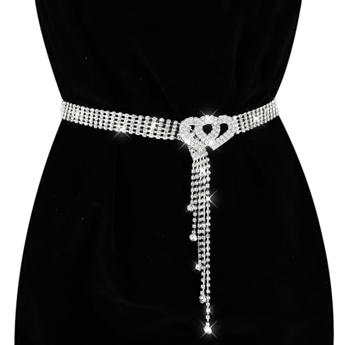 Rhinestone Belt with Heart-Shaped Buckle, Diamond Waist Belt Crystal Waist Chain Belt Waistband for Women Dresses