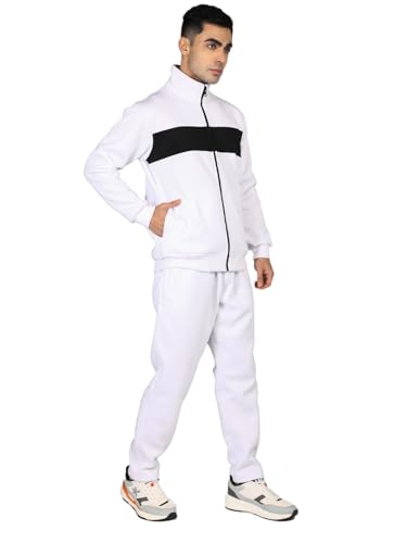 Image of CHKOKKO Mens High Neck Winter Tracksuit Full Zip Jacket with Elastic Waist Lower Warm and Soft Activewear Set for Gym Running and Casual Use White Black S