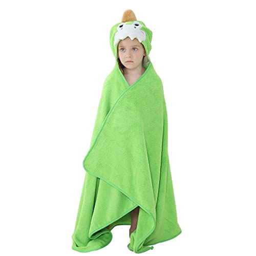 Image of MICHLEY Cartoon Hooded Baby Towel Unisex, Premium Soft Swimming Bathrobe Large Washcloths 31.5 inch x 53 inch for 0-9T (Green Dinosaur)