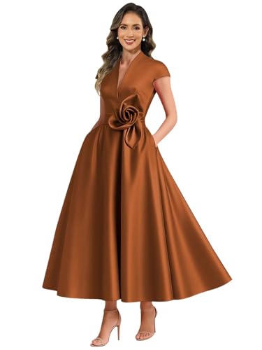 HVFYR Tea Length Mother of The Bride Dresses Burnt Orange Satin Pleated Formal Dresses with Cap Sleeves for Wedding Size 14