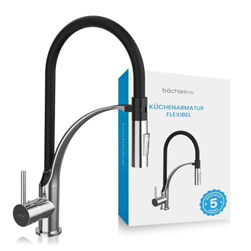 Bächlein Küchenarmatur Assaranco – 360 Grad schwenkbar (Chrom) – Einhand-Spültischbatterie mit flexiblem Hals und Brause mit Umschalt-Taste, Küchen-Wasserhahn mit magnetischer Halterung