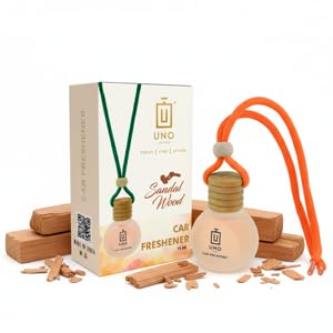 Image of UNOAROMA Sandal Wood Car Air Freshener, Long Lasting Hanging car perfume, Toxin-Free Oil in Glass Bottle with Wooden Diffuser, Car Accessories for fresh aroma, Last Upto-60 Days (15mlx2)