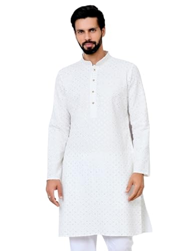 Image of See Designs Men's Full Sleeve Mandarin Collar Embroidered Thread Work Sequinned Rayon Straight Long Kurta - Festive Collection