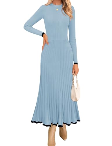 Zesica Women'S Long Sleeve Sweater Dress 2024 Fall Crewneck Ribbed Knit Pleated A-Line Maxi Wedding Guest Dresses,Light Blue,Medium cover