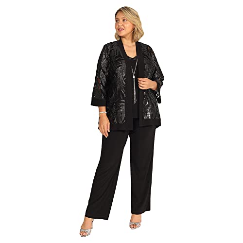 R&M Richards Short Mother of The Bride Plus Size Dress| Jacket Pant Suit (16W, Black/Silver)