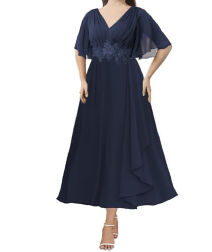 Tea Length Mother of The Bride Dresses Plus Size Chiffon Appliques Formal Evening Dress with Ruffles