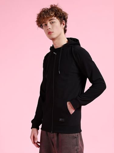 Image of The Indian Garage Co Men Regular Fit Self Design Front Open Hooded Sweatshirt