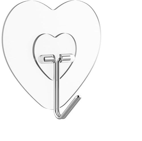 GLORIAL STAR Heart Shaped Transparent Adhesive Wall Hooks (30 PCS) | Heavy Duty Self Adhesive Hooks with 180° Rotating Stainless Steel Hook | Waterproof No Drill Hooks for Kitchen Bathroom