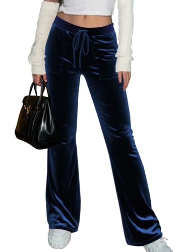 Aleumdr Womens Velvet Pants Soft Flare Leg Sweatpants High Waist Velour Sweatpants Pajama Travel Pants with Pockets Navy Blue Large