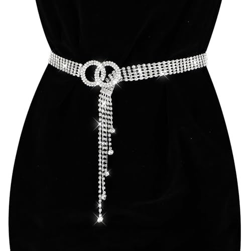 Crystal Waist Belt for Women, Adjustable Rhinestone Waist Chain Belt Sparkle O-Ring Waistband Belt for Jeans Dresses