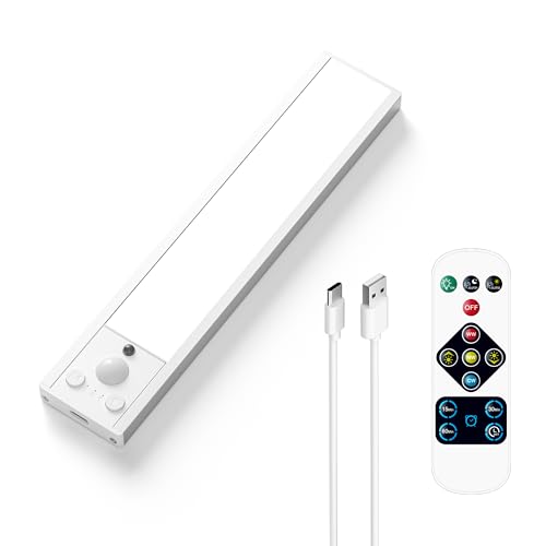 PRINCEWAY Rechargeable LED Under Cabinet Kitchen Light with Remote Control, Length 24CM Magnetic Stick On Motion Sensor Wireless Wall Light Indoor and Constant Lighting, 3 Levels Lighting Colors