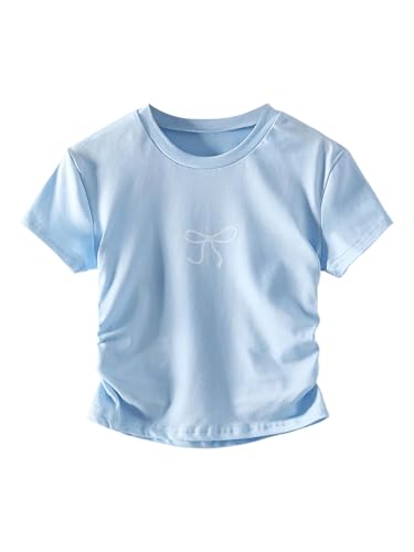 Girl's Bow Graphic Tee Shirts Y2K Ruched Short Sleeve Cute Summer T-Shirt