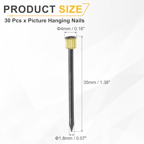 Image of uxcell 30Pcs Picture Hanging Nails, 1.8 x 35mm Iron Decorative Hangers Reusable Hardware Tool for Hanging Pictures Mirrors Baskets, Gold & Black
