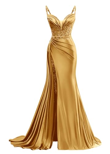 Spaghetti Strap Satin Prom Dresses Long V Neck Mermaid Evening Gown Corset Applique Formal Dress with Train