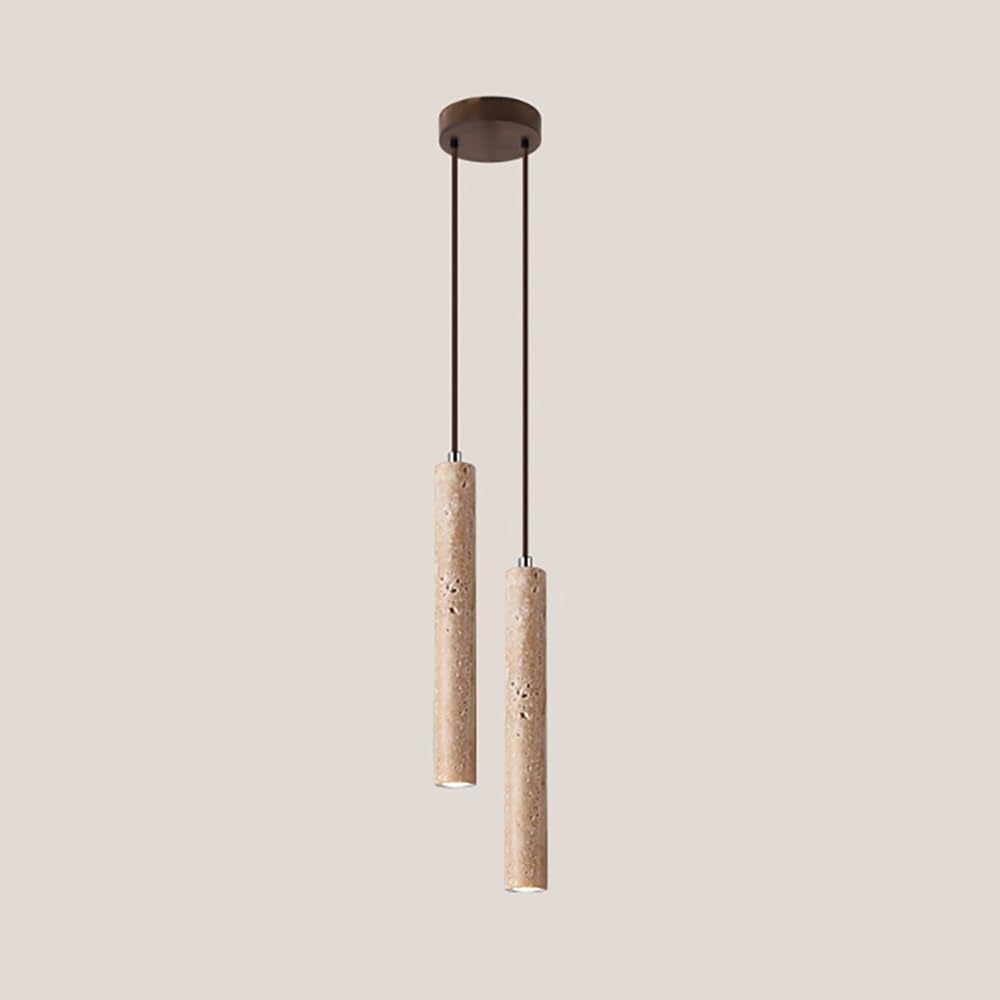 Modern Yellow Travertine Pendant Light Japanese Minimalist Stone Hanging Lamp Interior Wooden Linear Chandelier Fixture for Bedroom Dining Room Living Room(Double Heads)