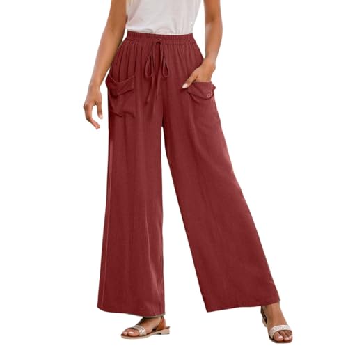 Generisch Pantalones holgados para mujer, pantalones de verano para mujer, ligeros, talla grande, color sólido, bohemio, pantalones de ocio, largos, holgados, pantalones de playa de verano, rojo, XXL