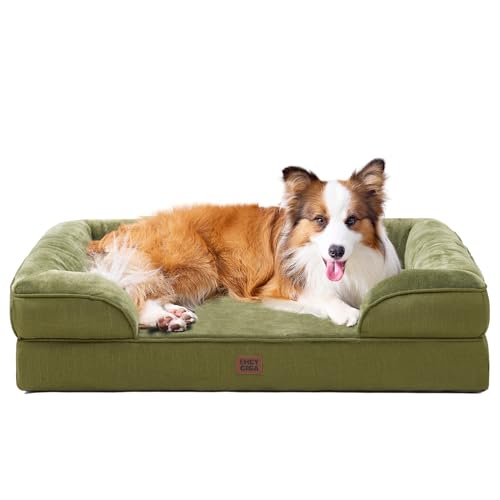 Image of EHEYCIGA Orthopedic Dog Beds for Large Dogs, Waterproof Memory Foam Large Dog Bed with Sides, Non-Slip Bottom and Egg-Crate Foam Pet Couch Bed with Washable Removable Cover, Olive Green