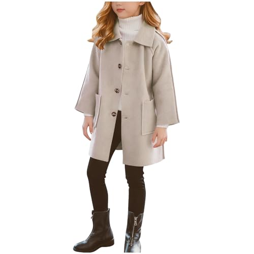 XINYUNZU Wollmantel Mädchen Wintermantel Elegant Mantel mit Knopfleiste & Taschen Winterjacke Lang Einfarbig Trenchcoat Girls Herbst Winter Mäntel für Kinder und Teenager Beige 13 Jahre