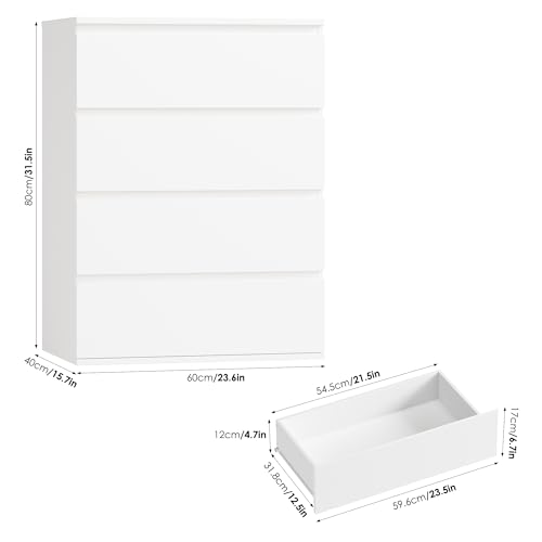 FOTOSOK 4 Drawer Dresser, White Dresser Modern Storage Chest of Drawers 23.6L x 15.7W x 31.5H in, White Storage Cabinet with 4 Drawers for Home Office