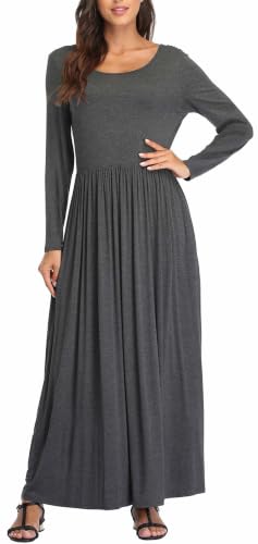 Image of Women's Long Sleeves Maxi Dress Plain Empire Waist Casual Dress Loose Fall /Winter Dresses with Pockets Dark Grey - S