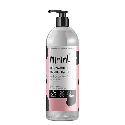 Miniml All Natural Body Wash and Bubble Bath - 1L Bottle Moisturising Pink Grapefruit and Aloe Vera Sensitive Skin Eco Shower Gel Bath Soak - Vegan Friendly High Foam