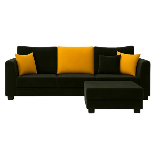 Image of SOCOZI Trevano 4 Seater L Shape Sofa Set with Movable Ottoman | Flexible Left or Right Layout | Soft Velvet Suede Fabric | Modern Design | Plush Comfort Cushions for Living Room (Black- Yellow)