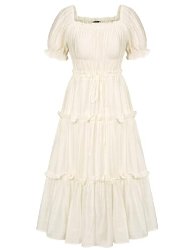 Renaissance Dress Women Midi Puff Sleeve Dress Ruffle Tiered White Summer Dress Ivory White L