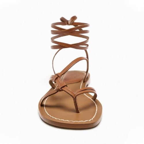 Women Leather Strappy Flat Toe Clip Gladiator Sandals Summer Wrap Open Toe Tie Up Comfortable Ankle Strap Beach Travel Sandals3