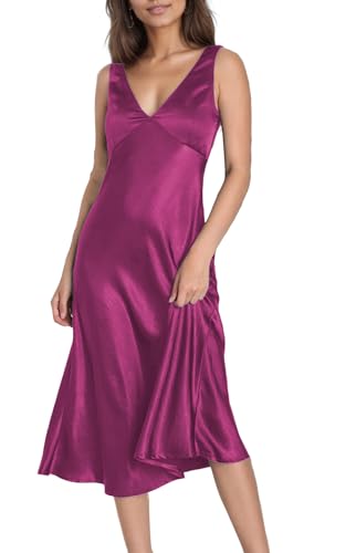 Image of Summer Satin V Neck Backless Midi Dresses for Women 2025 Silky A line Formal Low Back Sleeveless Wedding Guest Long Dress
