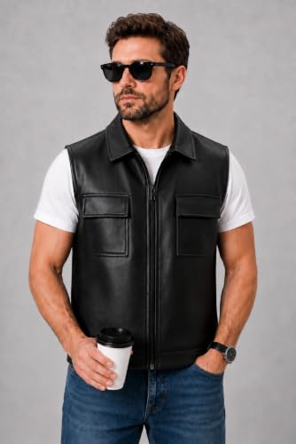 RAXEDO Men's Black Leather Sleeveless Gilet Jacket - Image 5