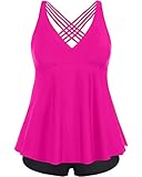 Aqua Eve Two Piece Tankini for Women Plus Size Bathing Suits Flowy Swimsuits with Shorts Athletic Swimwear Neon Pink 12W