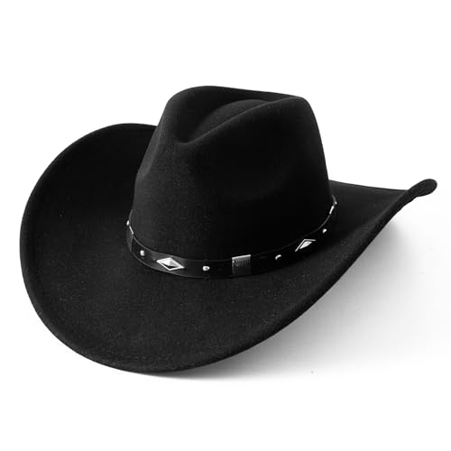 Lanzom Women Men Classic Felt Wide Brim Western Cowboy Cowgirl Hat with Belt Buckle(Medium,Black)