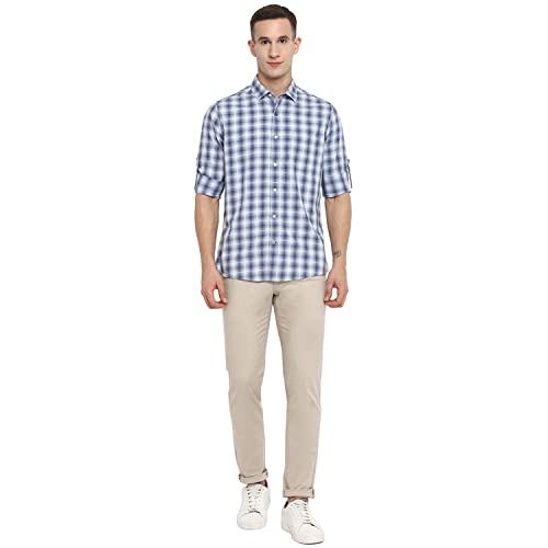 Image of Red Chief Light Blue /White Full Sleeve Check Ultra Slim Cotton Casual Shirt for Men