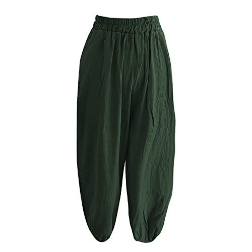 Womens Capri Pants For Summer Cotton Linen Elastic Waist Baggy Jogger Pants Lightweight Comfort Lounge Solid Color Trousers Women Dress Pants (Green,Xl) #TOP4