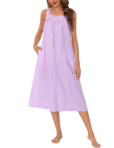 Image of SWOMOG Women's Cotton Nightgowns Sleeveless Night Gown Embroidery House Dress Soft Long Nightdress with Pockets