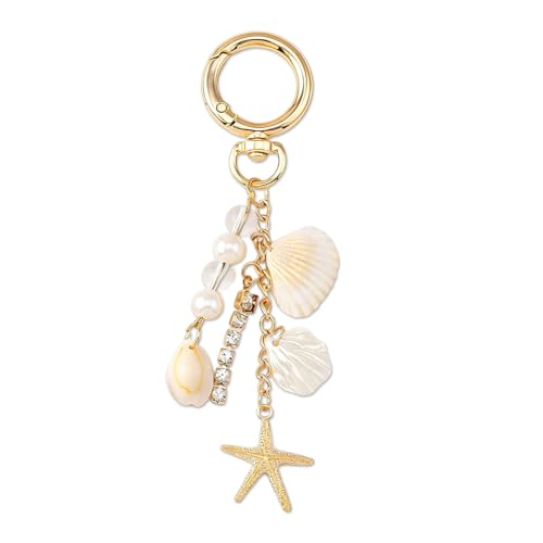 Porte-clés étoile de mer dorée pour femmes – Design coquillage plage avec perles et strass, charms de sac série Océan, cadeau pour petite amie, sœur