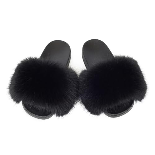Image of Women's Faux Fur Slides Slippers Fluffy Fuzzy Sandals Open Toe Furry Slide Flip Flop Indoor Outdoor