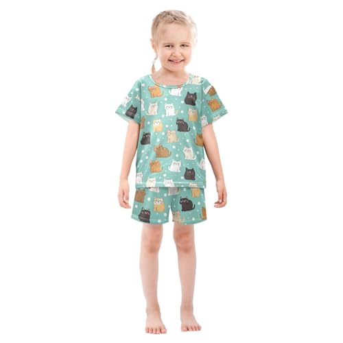 ALAZA Cat Polka Dot Kitten Pajamas Set Short Sleeve Cotton Sleepwear Summer Pjs 2 Piece 5-14Y3