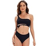 Aisprts Damen Bikini Set, Einer Schulter Bandeau Bikini Oberteil High Waist Bikinihose mit Hoher Beinausschnitt, Schnürung Bikini Badeanzüg, Sommer Zweiteiliger Badeanzüg für Frauen, Schwarz, M